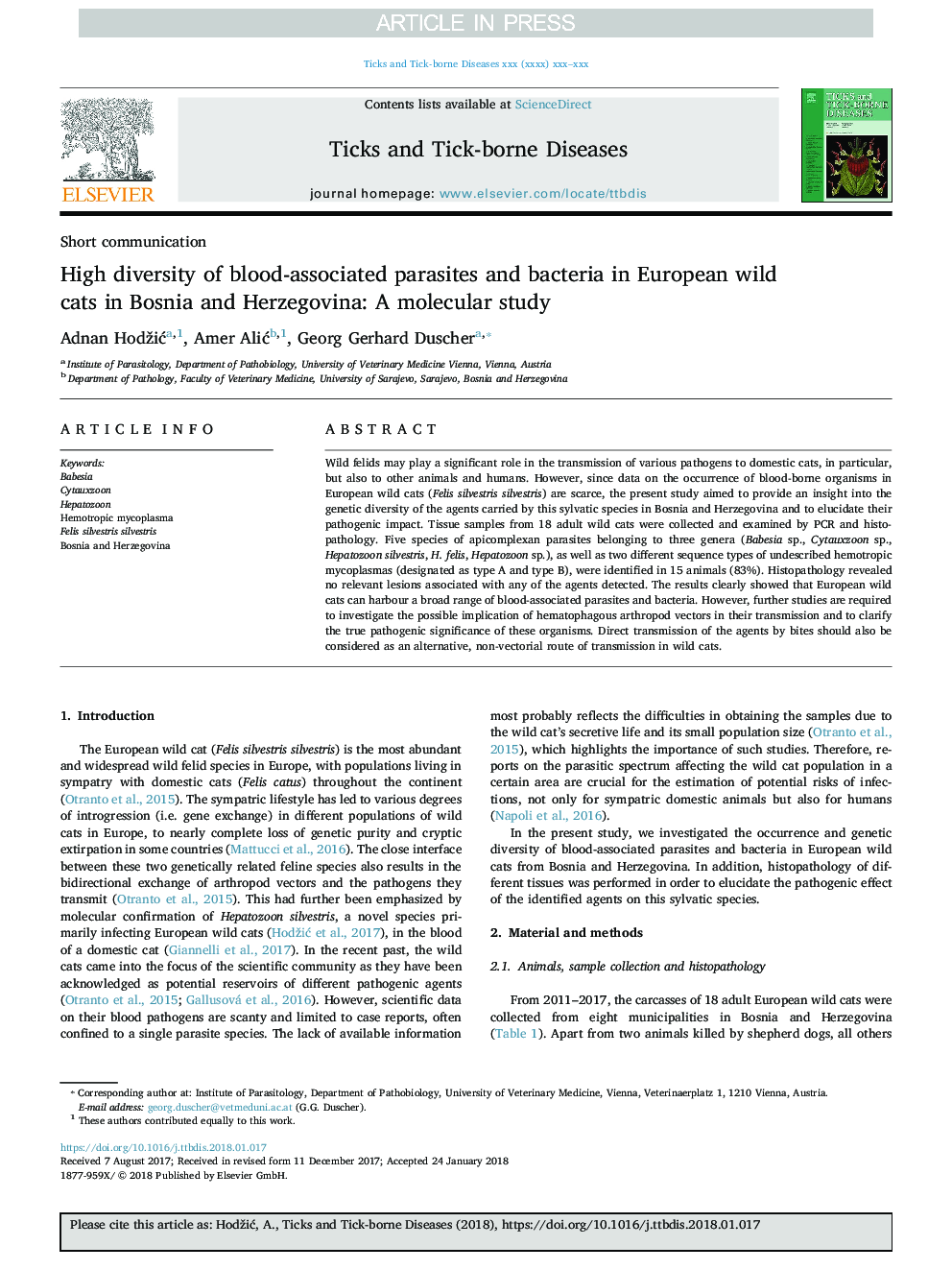 High diversity of blood-associated parasites and bacteria in European wild cats in Bosnia and Herzegovina: A molecular study