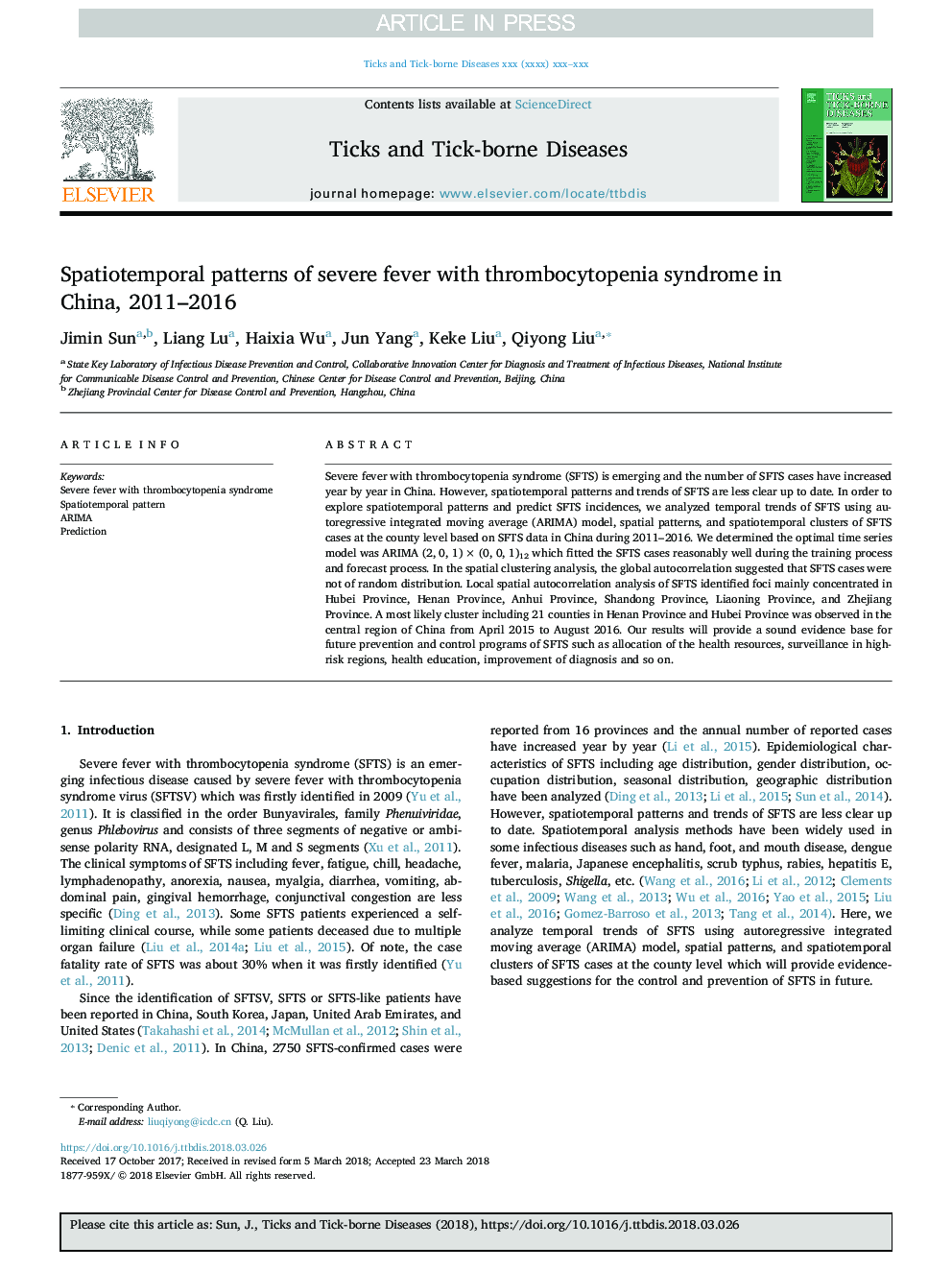 Spatiotemporal patterns of severe fever with thrombocytopenia syndrome in China, 2011-2016