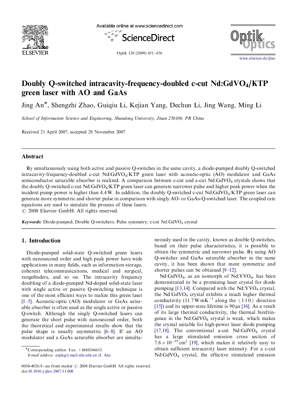 Doubly Q-switched intracavity-frequency-doubled c-cut Nd:GdVO4/KTP green laser with AO and GaAs
