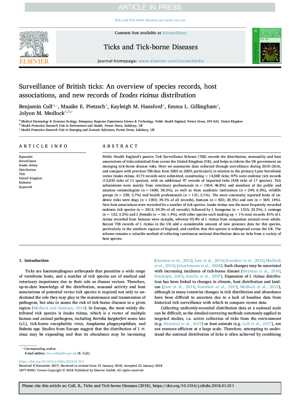 Surveillance of British ticks: An overview of species records, host associations, and new records of Ixodes ricinus distribution