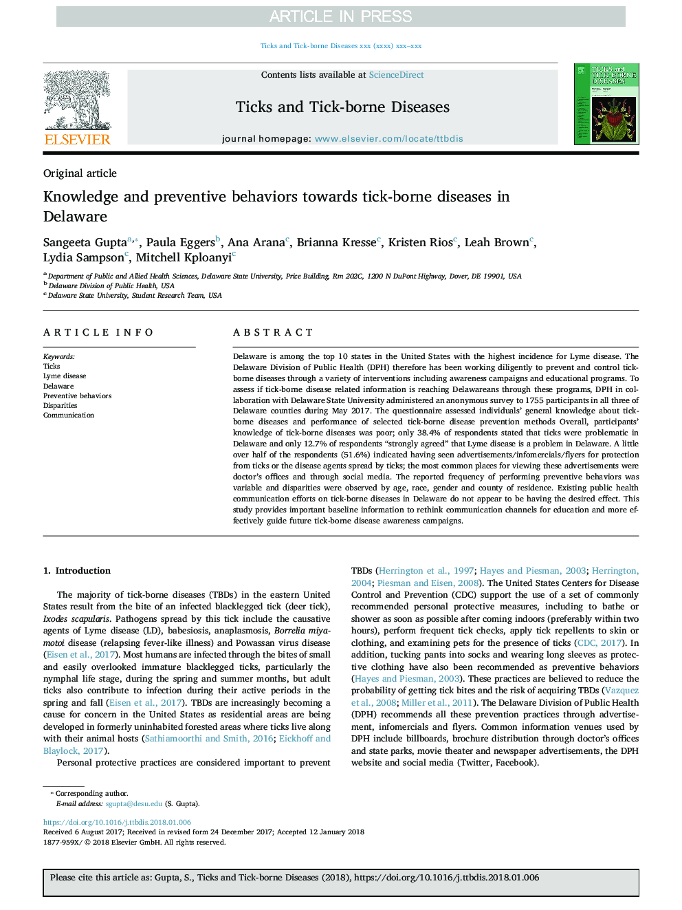 Knowledge and preventive behaviors towards tick-borne diseases in Delaware