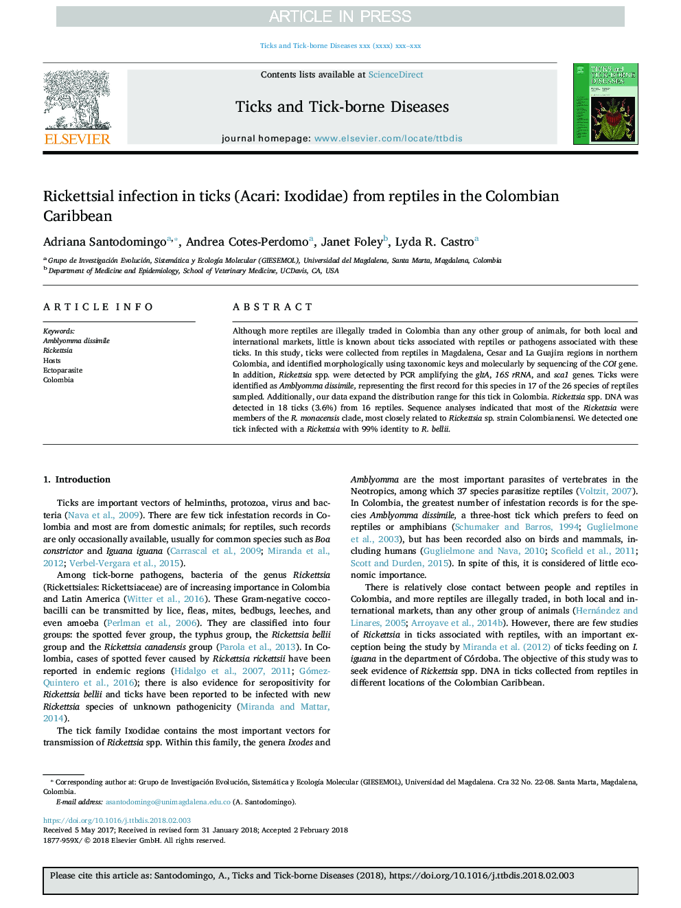 Rickettsial infection in ticks (Acari: Ixodidae) from reptiles in the Colombian Caribbean