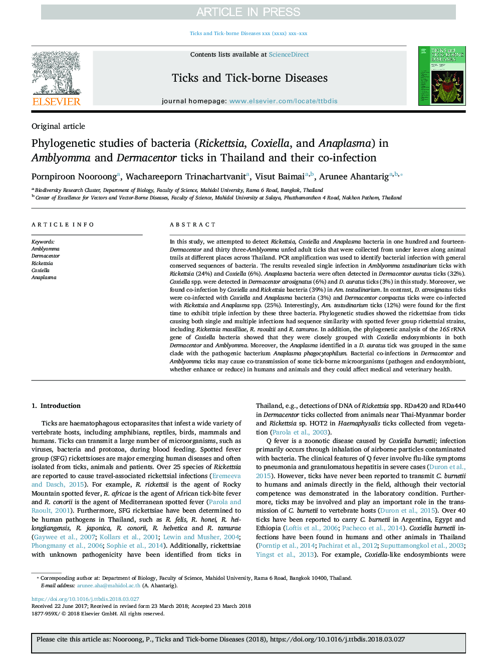 Phylogenetic studies of bacteria (Rickettsia, Coxiella, and Anaplasma) in Amblyomma and Dermacentor ticks in Thailand and their co-infection