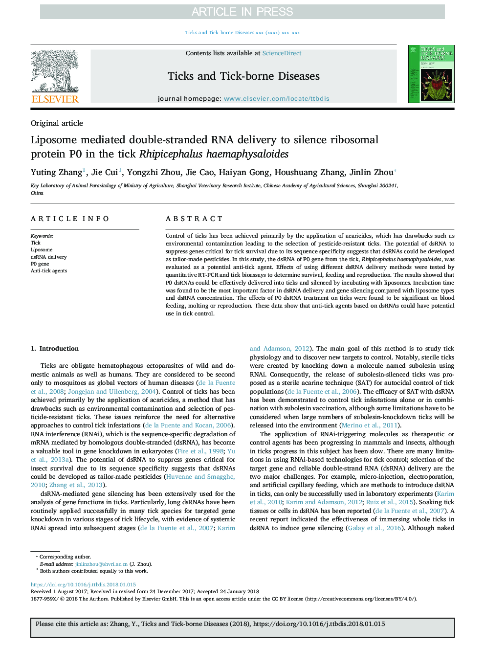 Liposome mediated double-stranded RNA delivery to silence ribosomal protein P0 in the tick Rhipicephalus haemaphysaloides