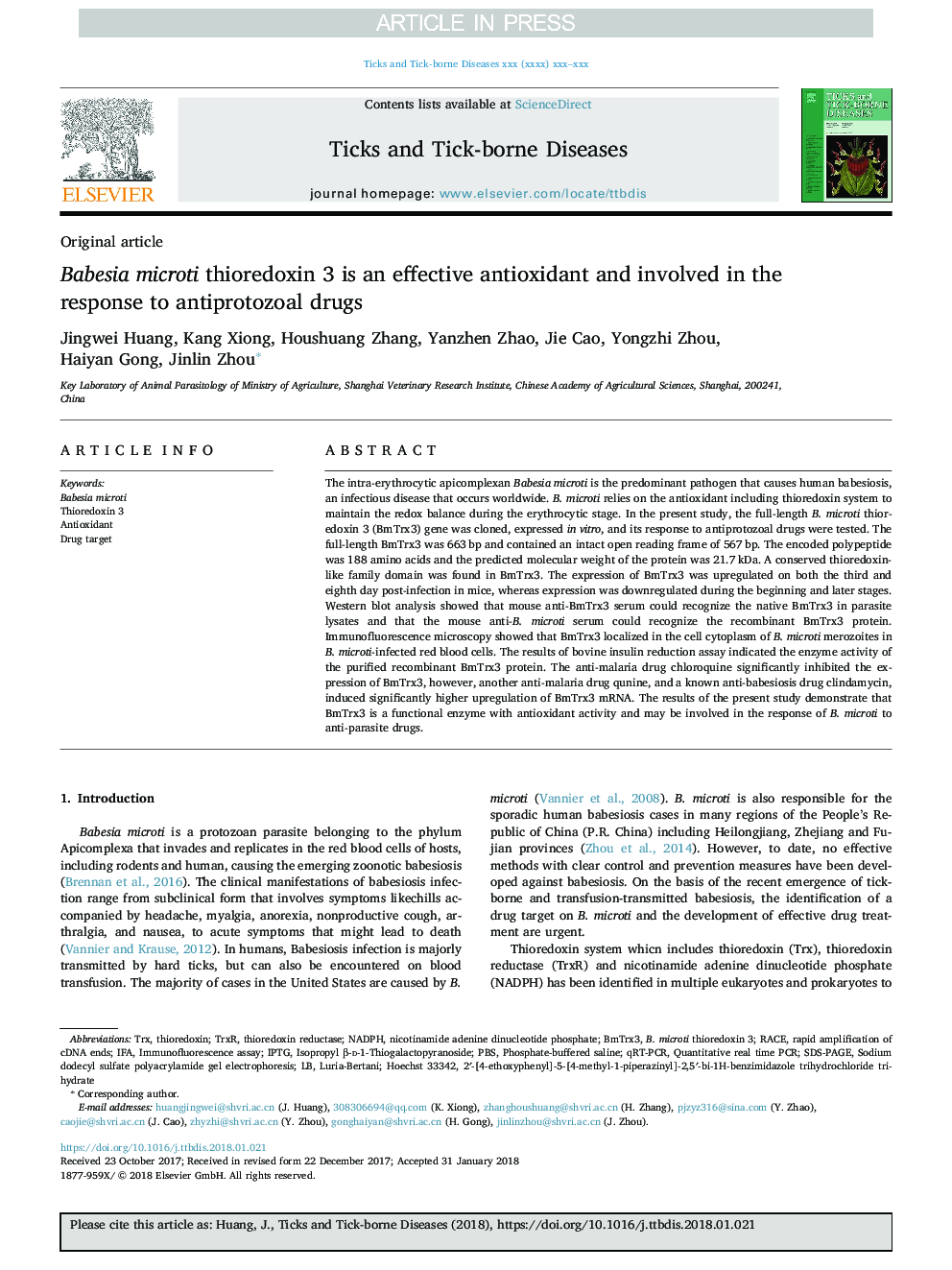 Babesia microti thioredoxin 3 is an effective antioxidant and involved in the response to antiprotozoal drugs