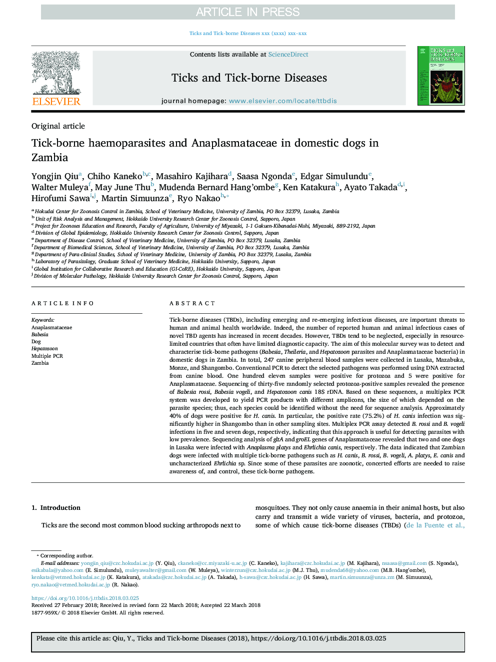 Tick-borne haemoparasites and Anaplasmataceae in domestic dogs in Zambia