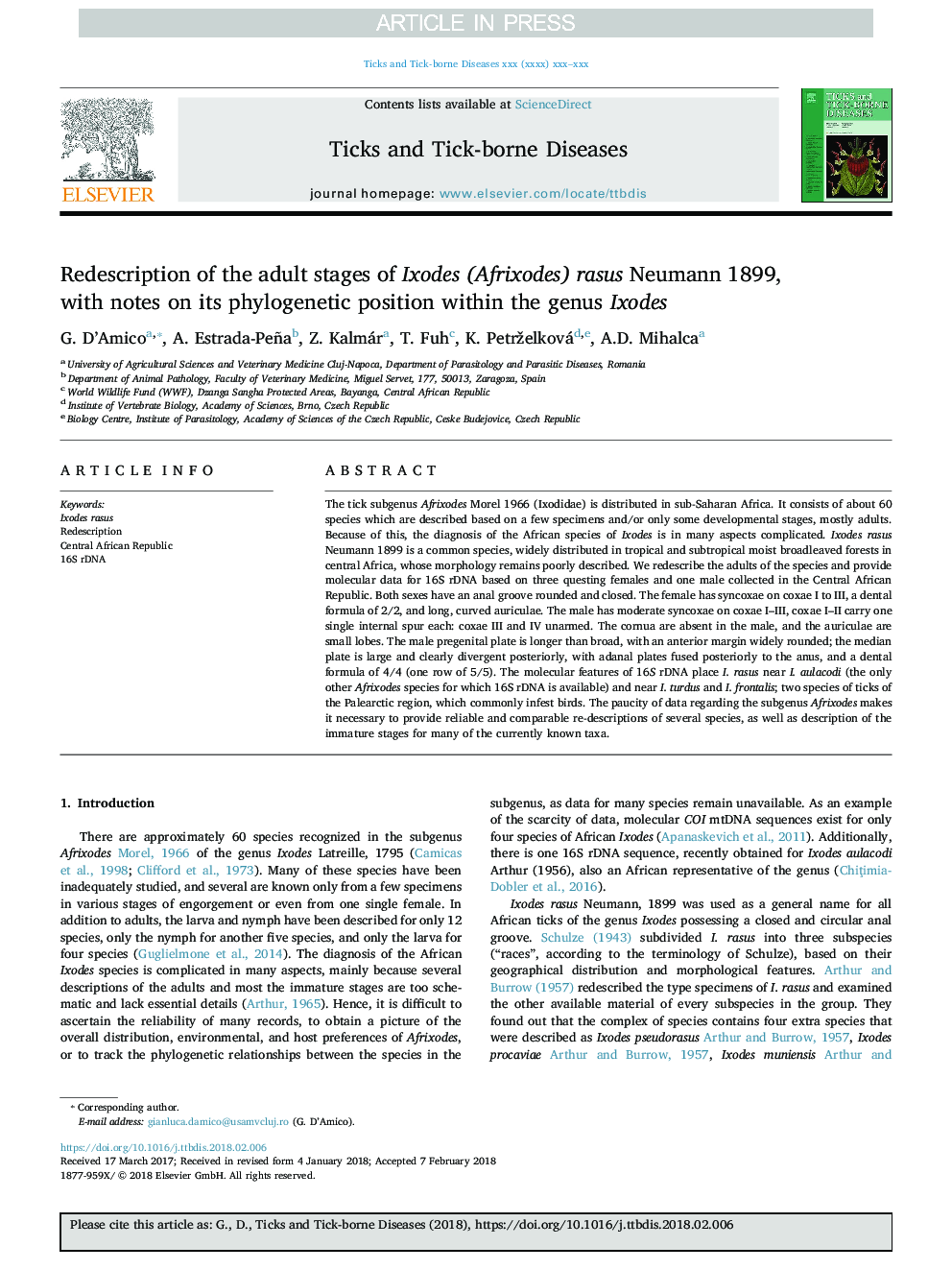 Redescription of the adult stages of Ixodes (Afrixodes) rasus Neumann 1899, with notes on its phylogenetic position within the genus Ixodes