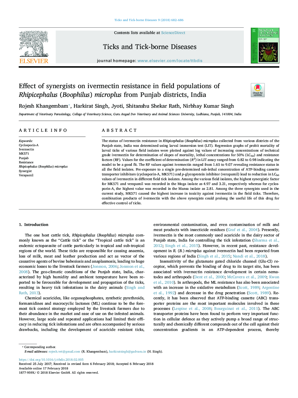 Effect of synergists on ivermectin resistance in field populations of Rhipicephalus (Boophilus) microplus from Punjab districts, India