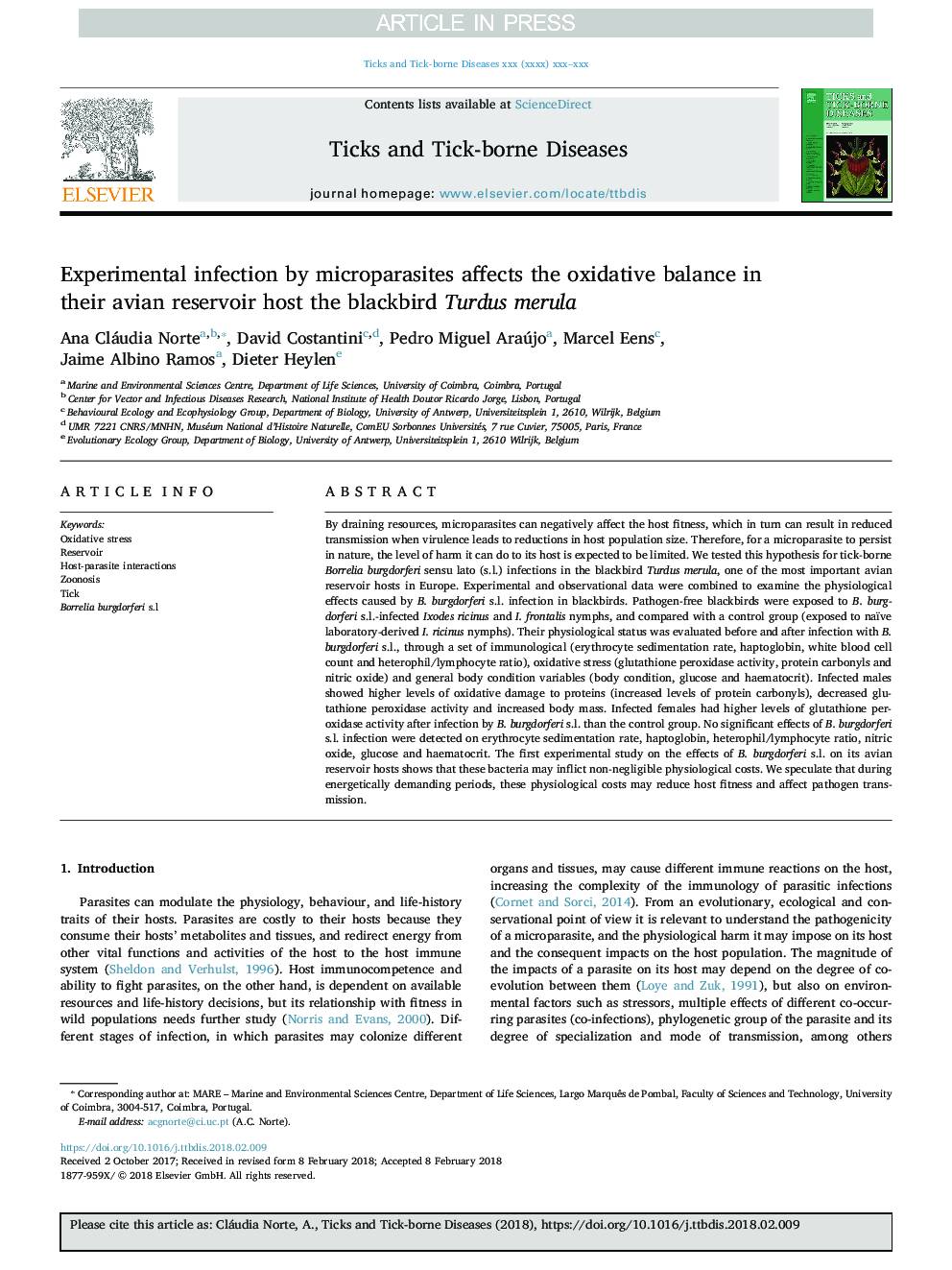 Experimental infection by microparasites affects the oxidative balance in their avian reservoir host the blackbird Turdus merula