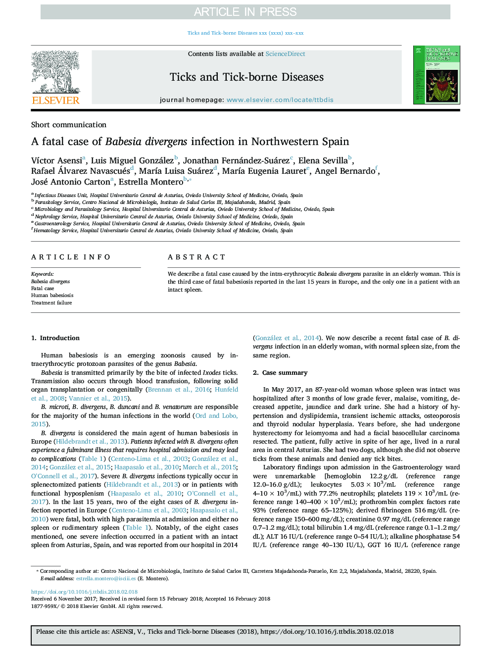 A fatal case of Babesia divergens infection in Northwestern Spain