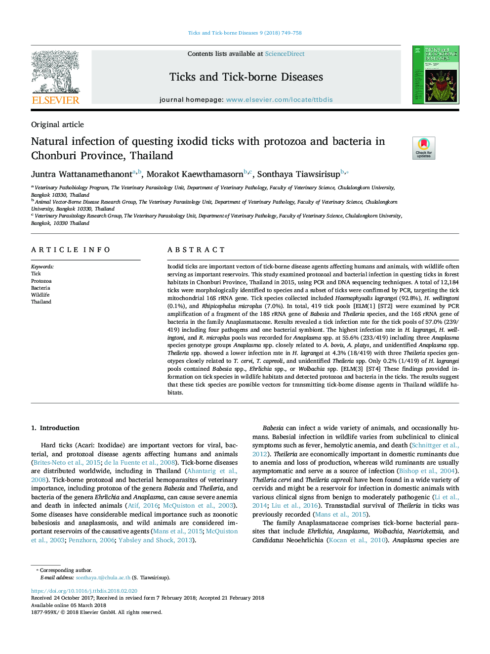 Natural infection of questing ixodid ticks with protozoa and bacteria in Chonburi Province, Thailand