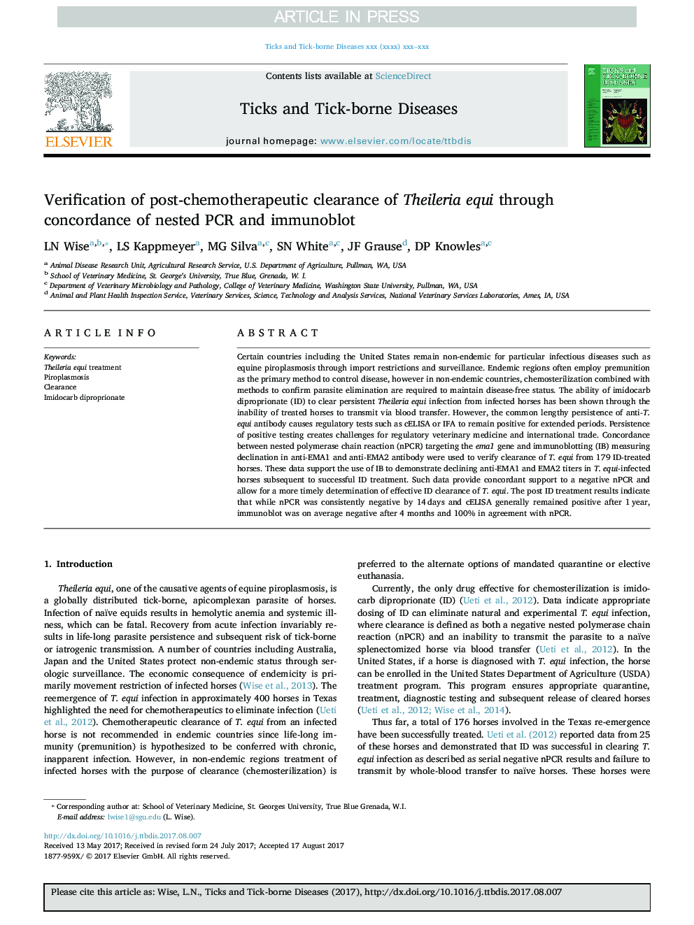 Verification of post-chemotherapeutic clearance of Theileria equi through concordance of nested PCR and immunoblot