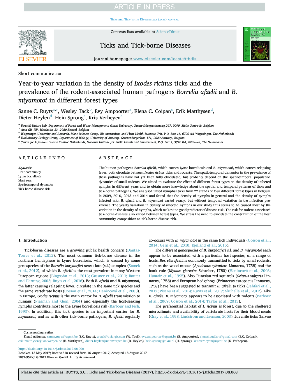 Year-to-year variation in the density of Ixodes ricinus ticks and the prevalence of the rodent-associated human pathogens Borrelia afzelii and B. miyamotoi in different forest types