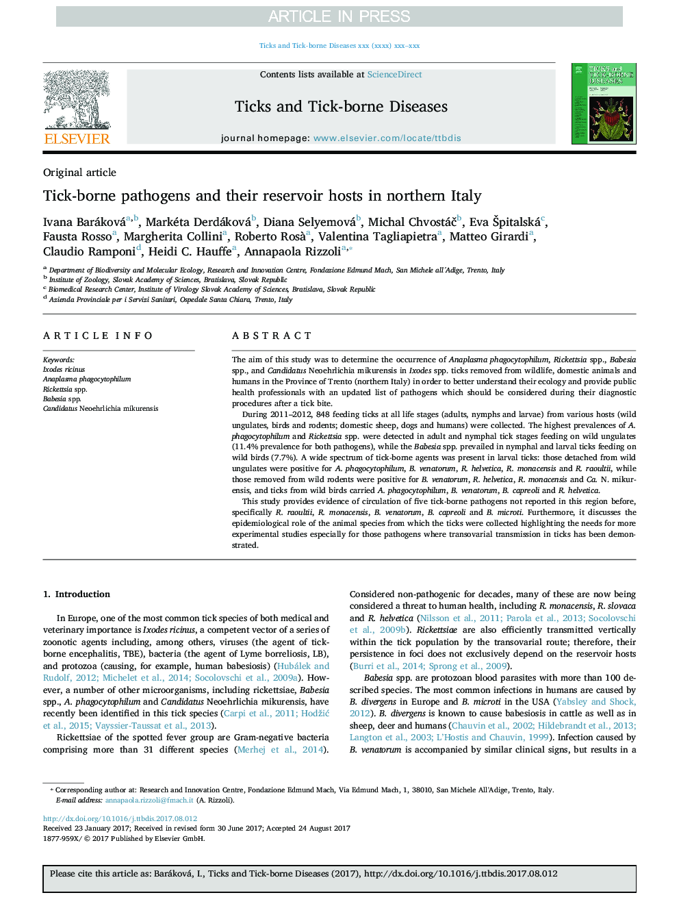 Tick-borne pathogens and their reservoir hosts in northern Italy