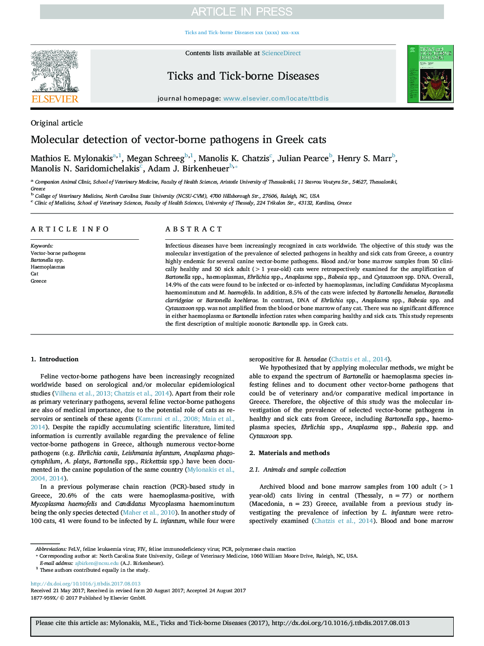 Molecular detection of vector-borne pathogens in Greek cats