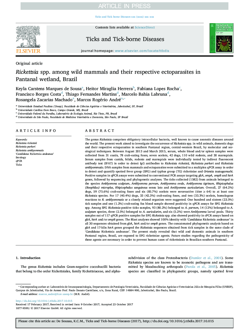 Rickettsia spp. among wild mammals and their respective ectoparasites in Pantanal wetland, Brazil