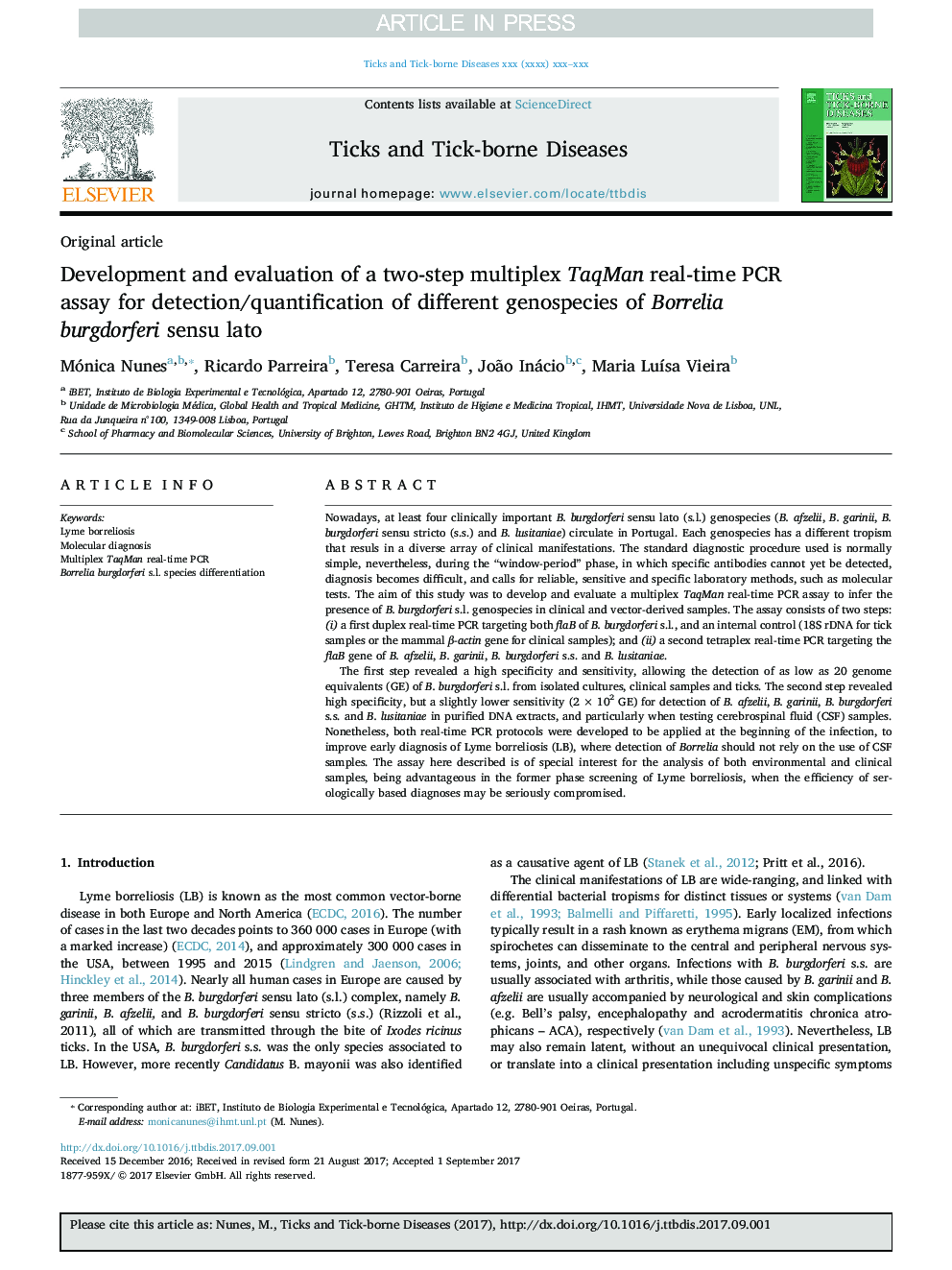 Development and evaluation of a two-step multiplex TaqMan real-time PCR assay for detection/quantification of different genospecies of Borrelia burgdorferi sensu lato