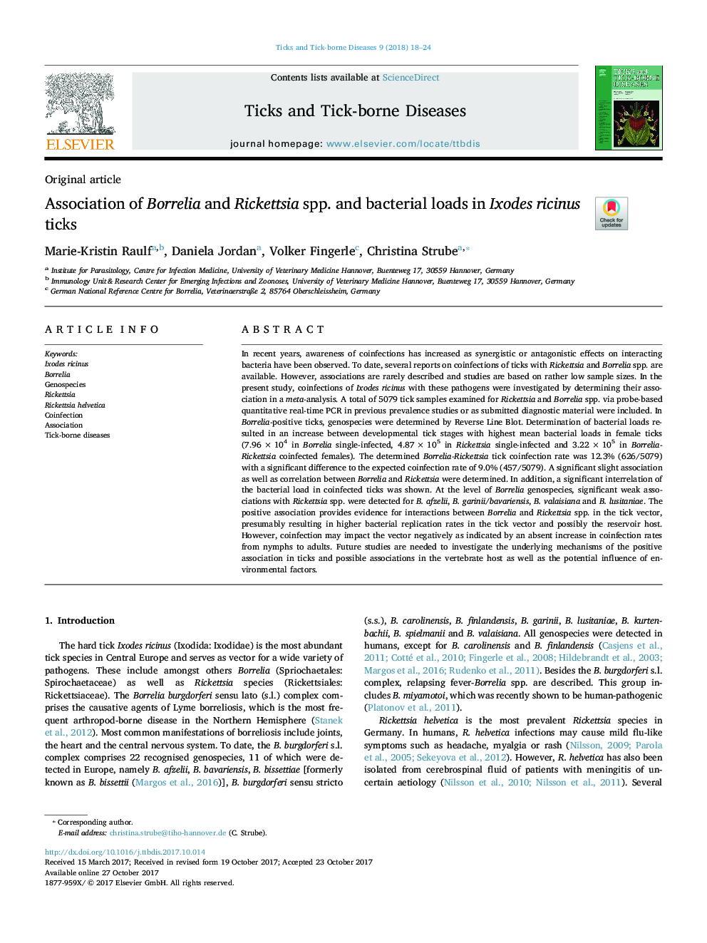 Association of Borrelia and Rickettsia spp. and bacterial loads in Ixodes ricinus ticks