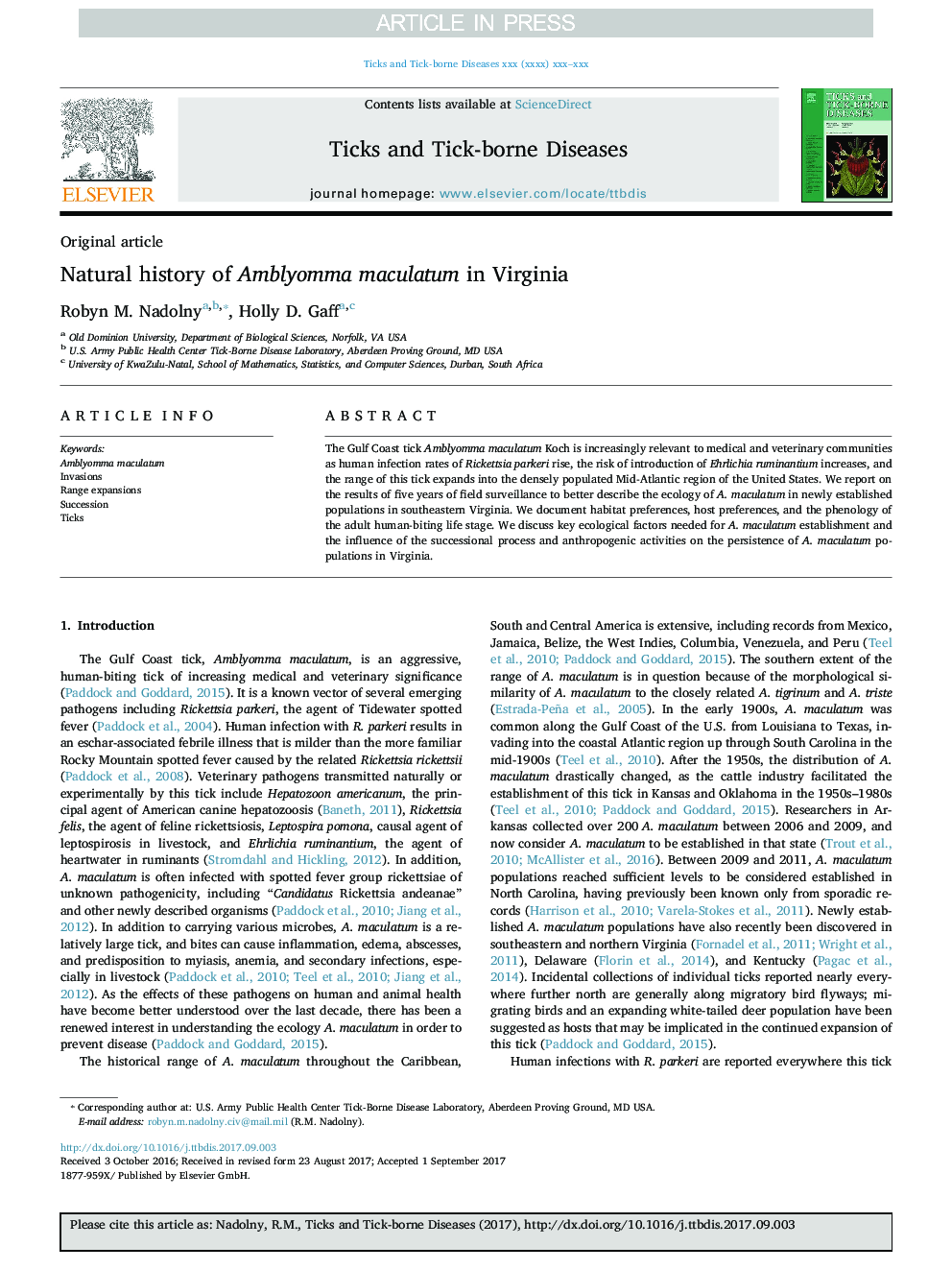 Natural history of Amblyomma maculatum in Virginia