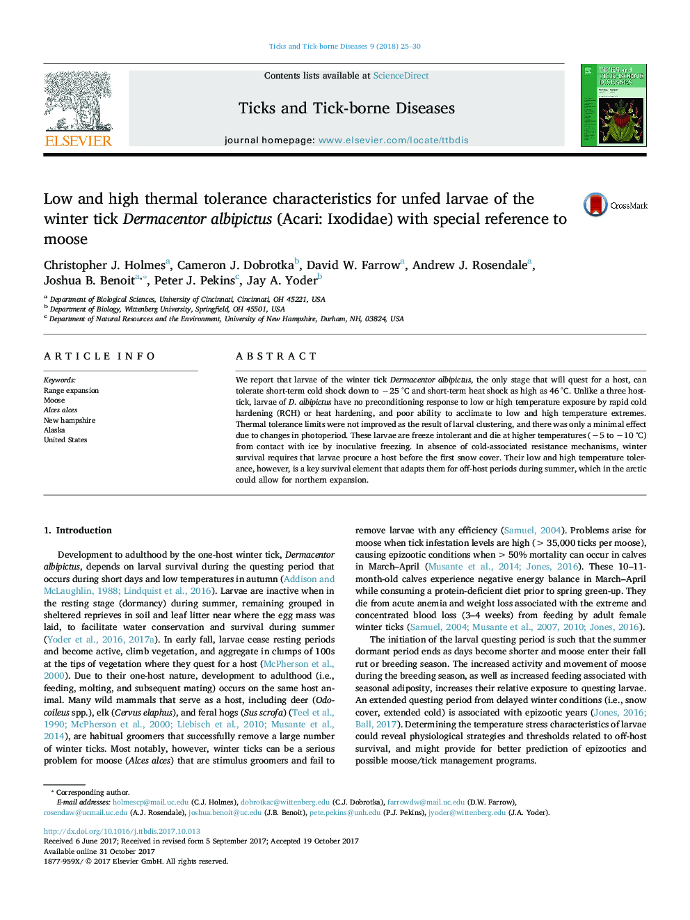 Low and high thermal tolerance characteristics for unfed larvae of the winter tick Dermacentor albipictus (Acari: Ixodidae) with special reference to moose