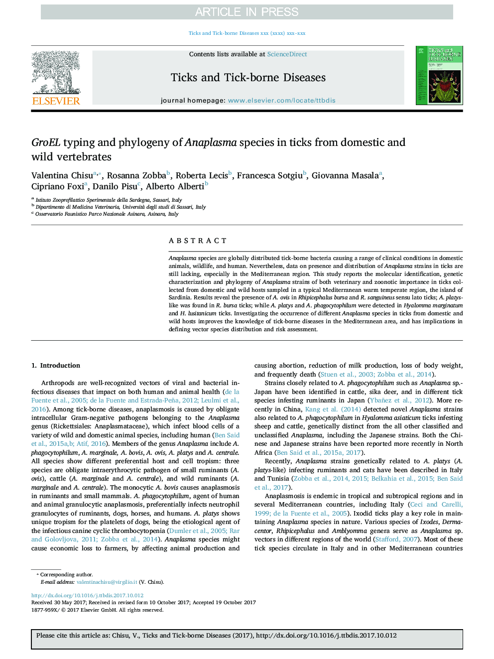 GroEL typing and phylogeny of Anaplasma species in ticks from domestic and wild vertebrates