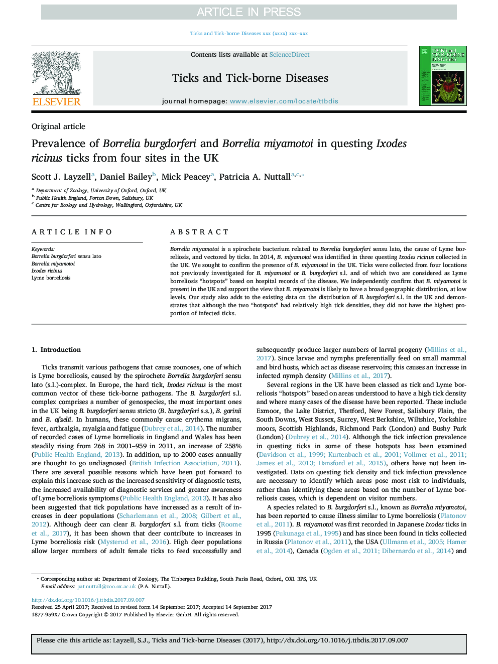 Prevalence of Borrelia burgdorferi and Borrelia miyamotoi in questing Ixodes ricinus ticks from four sites in the UK