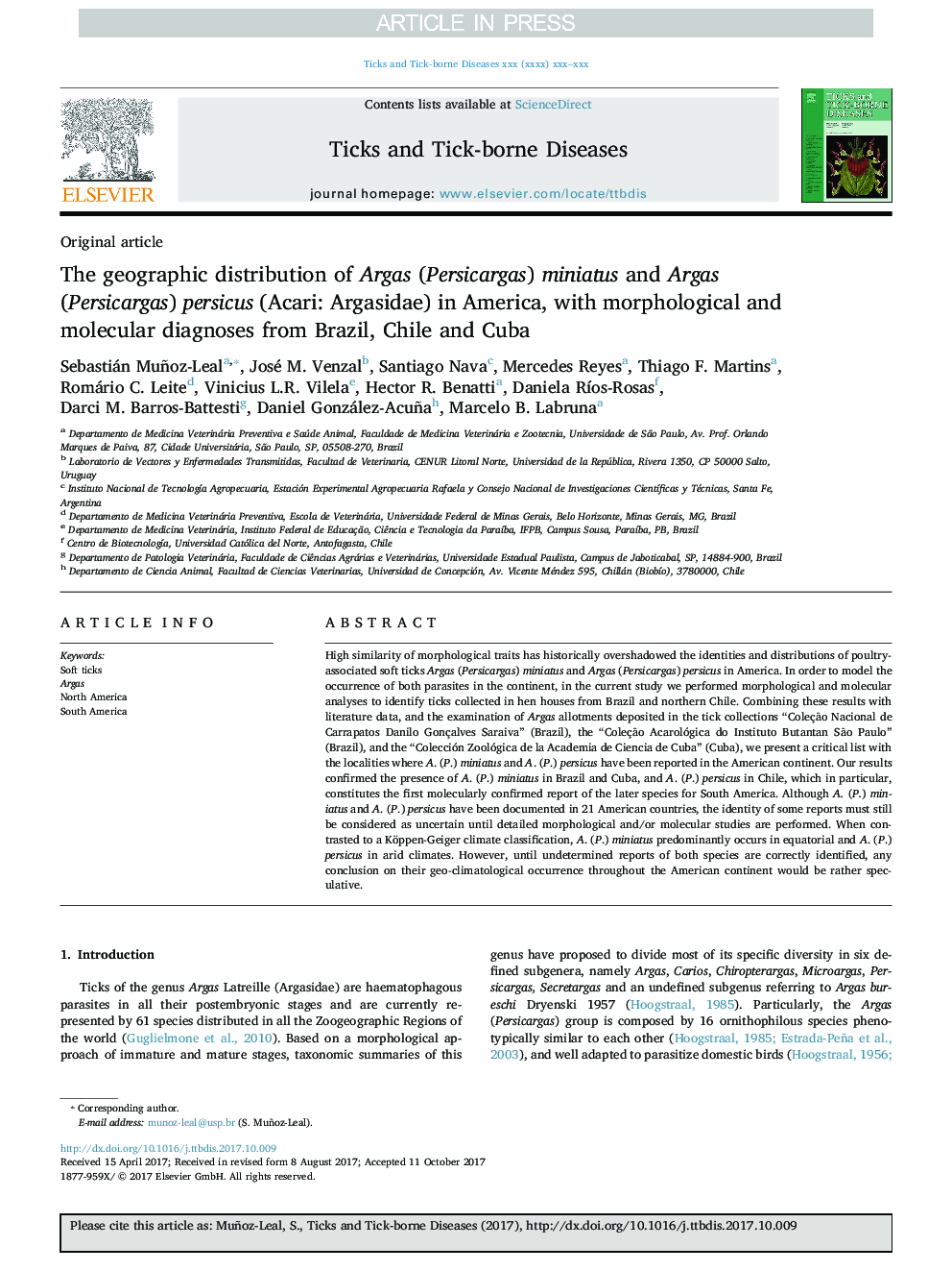 The geographic distribution of Argas (Persicargas) miniatus and Argas (Persicargas) persicus (Acari: Argasidae) in America, with morphological and molecular diagnoses from Brazil, Chile and Cuba