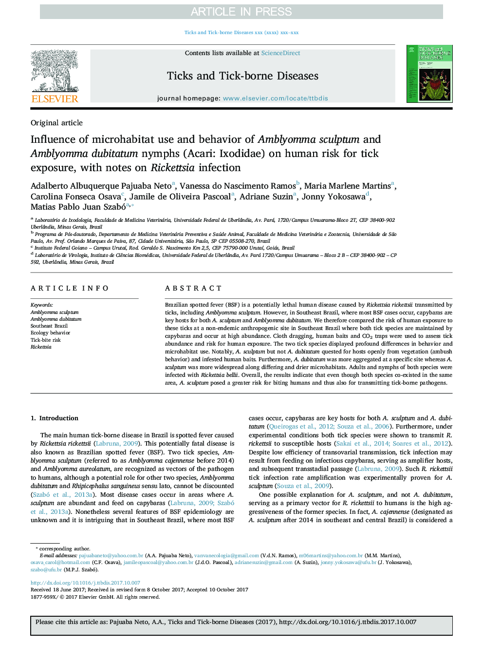 Influence of microhabitat use and behavior of Amblyomma sculptum and Amblyomma dubitatum nymphs (Acari: Ixodidae) on human risk for tick exposure, with notes on Rickettsia infection