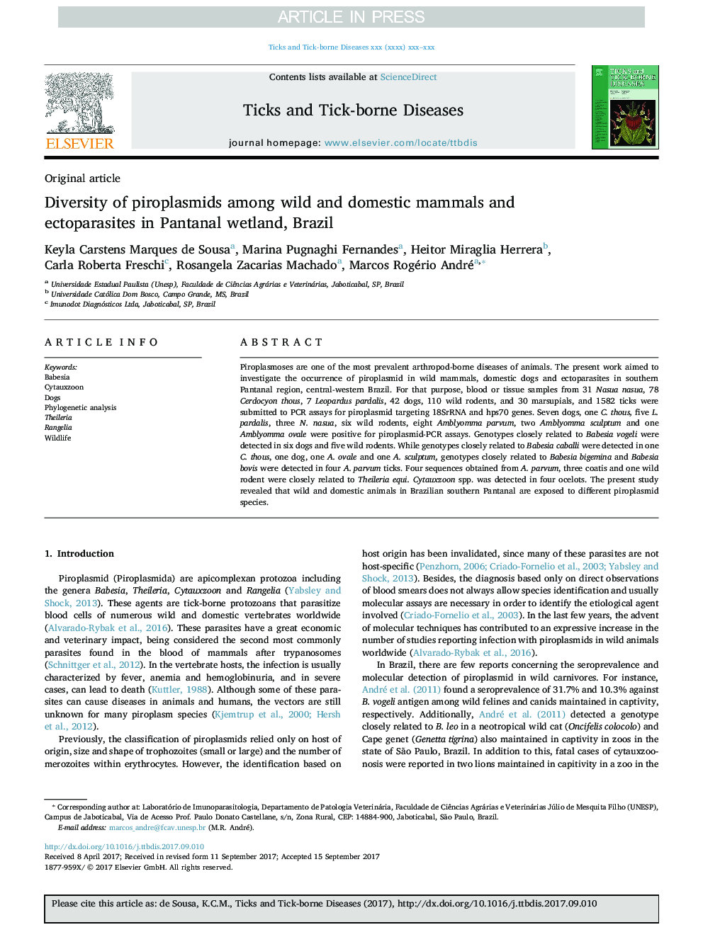 Diversity of piroplasmids among wild and domestic mammals and ectoparasites in Pantanal wetland, Brazil