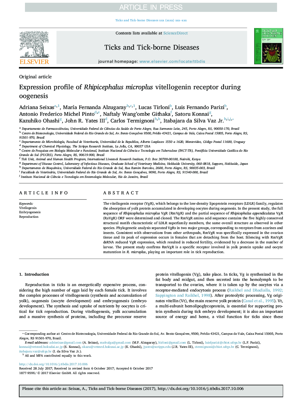 Expression profile of Rhipicephalus microplus vitellogenin receptor during oogenesis