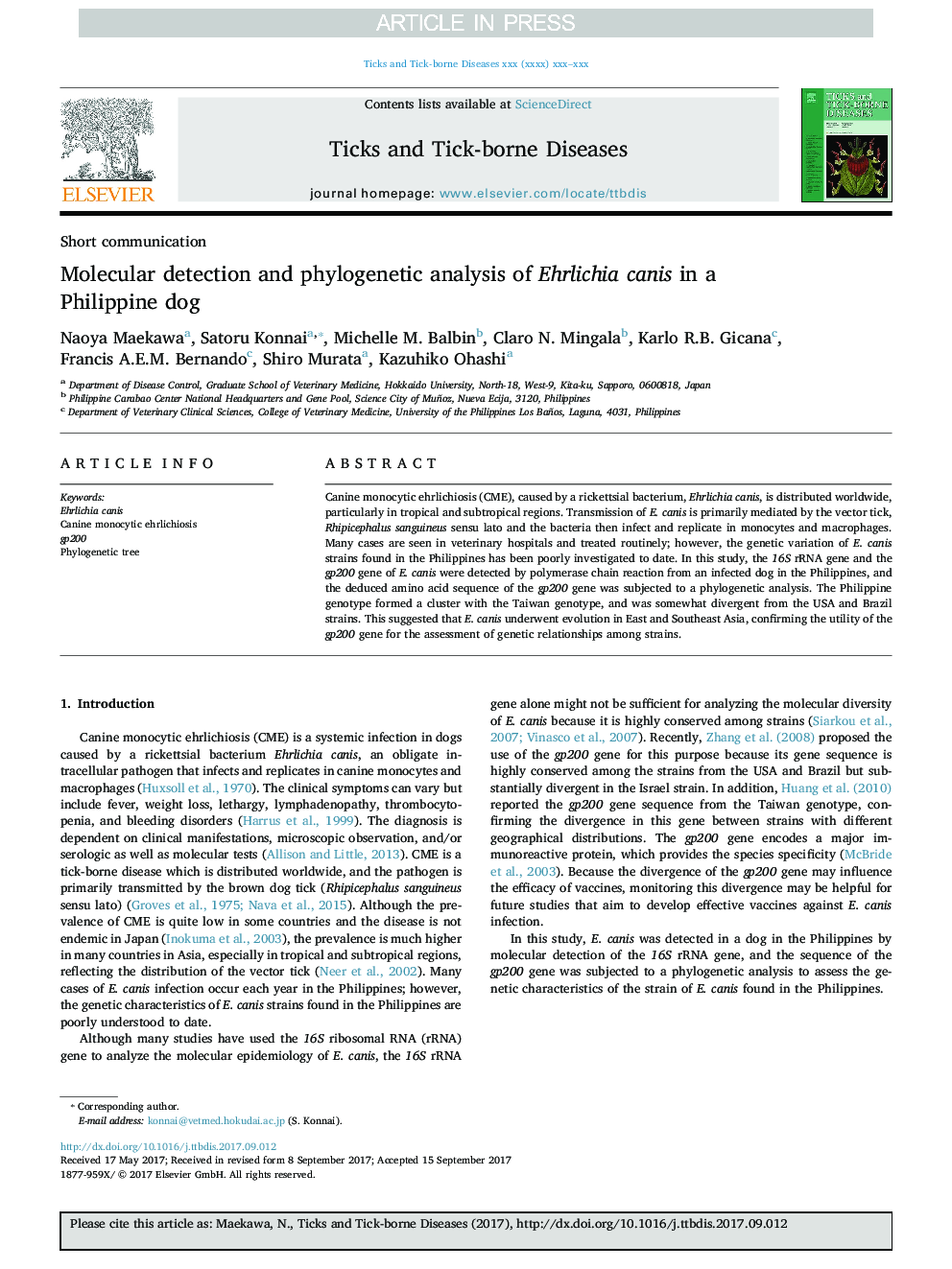 Molecular detection and phylogenetic analysis of Ehrlichia canis in a Philippine dog