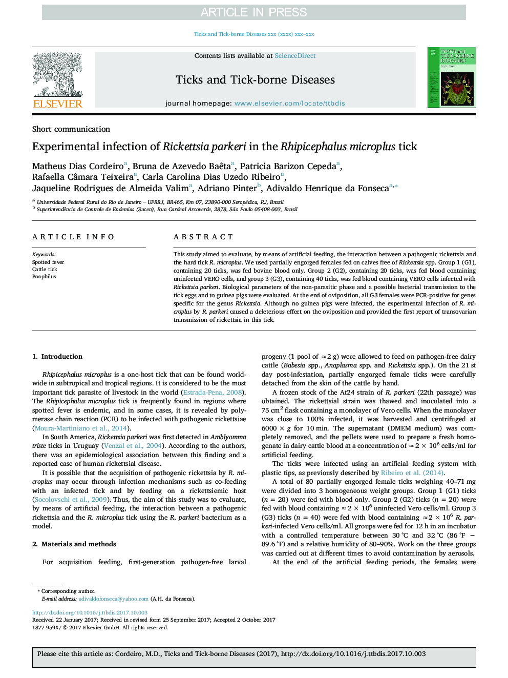 Experimental infection of Rickettsia parkeri in the Rhipicephalus microplus tick