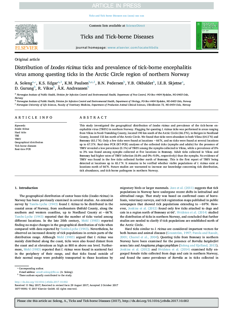 Distribution of Ixodes ricinus ticks and prevalence of tick-borne encephalitis virus among questing ticks in the Arctic Circle region of northern Norway