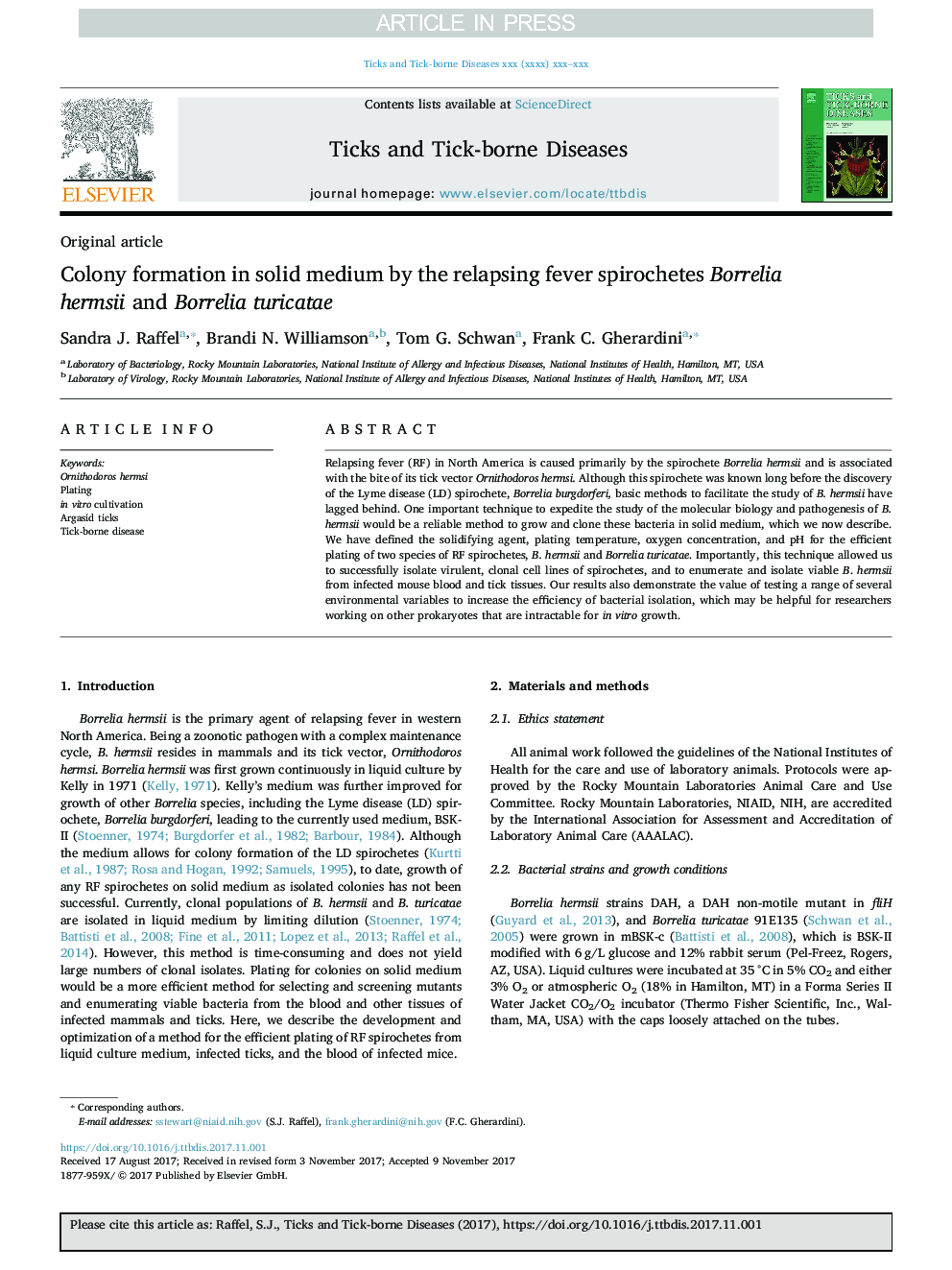 Colony formation in solid medium by the relapsing fever spirochetes Borrelia hermsii and Borrelia turicatae