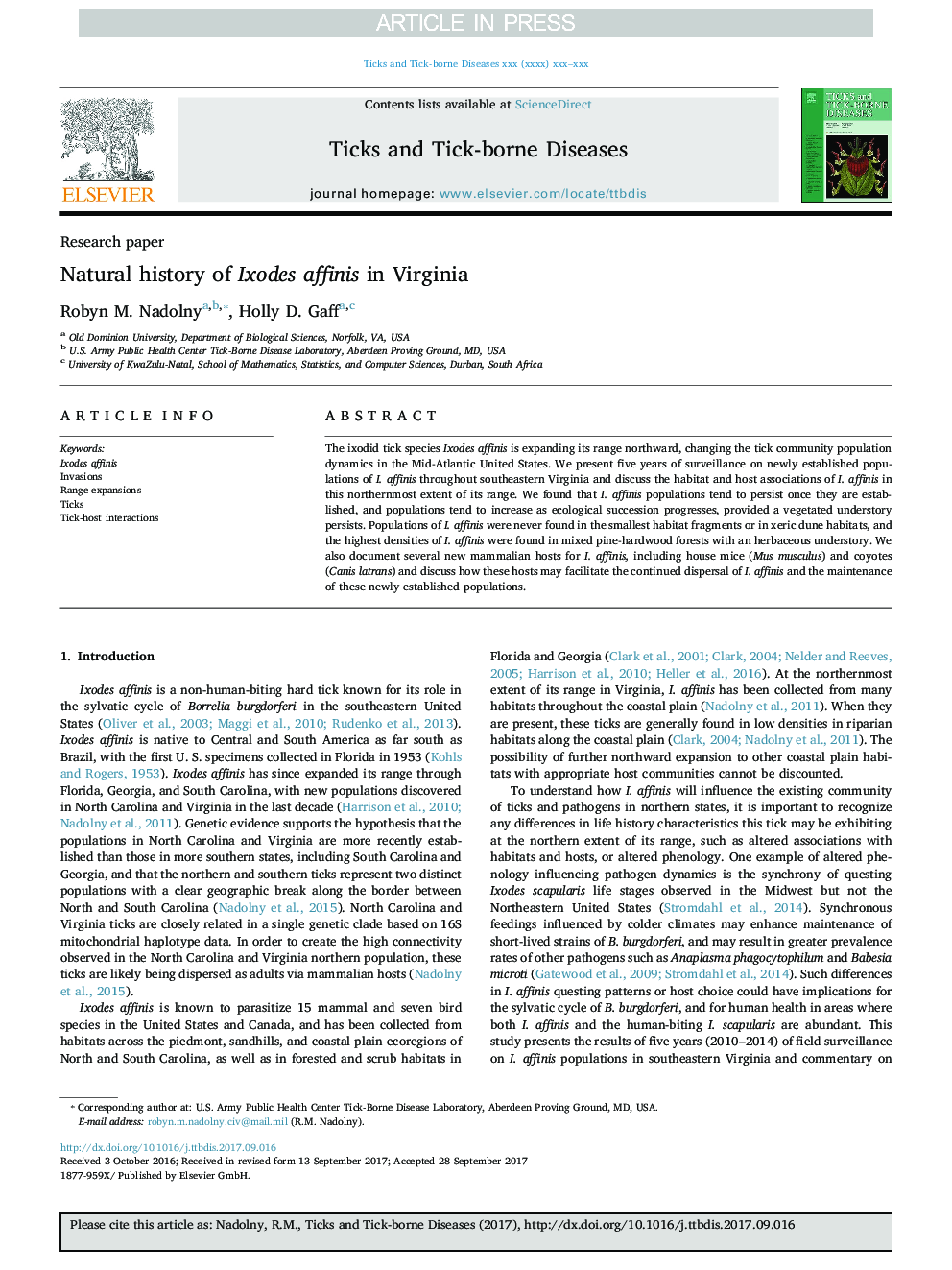 Natural history of Ixodes affinis in Virginia