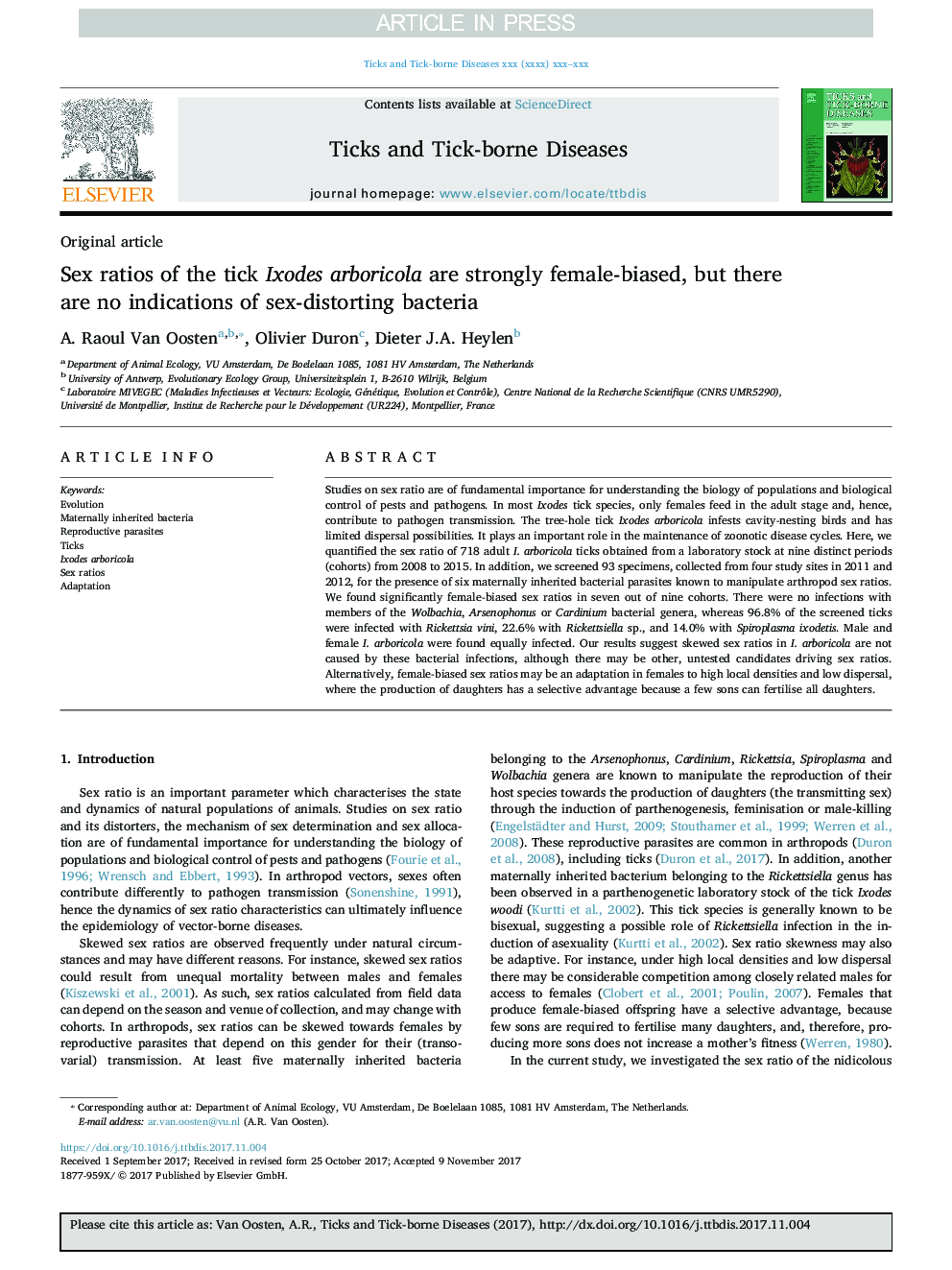 Sex ratios of the tick Ixodes arboricola are strongly female-biased, but there are no indications of sex-distorting bacteria