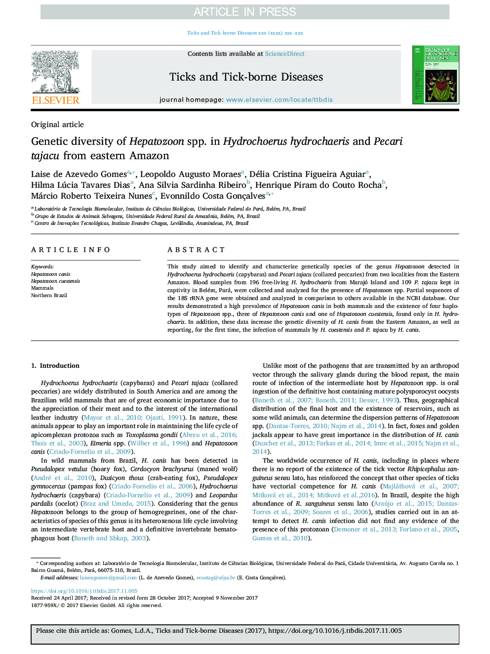 Genetic diversity of Hepatozoon spp. in Hydrochoerus hydrochaeris and Pecari tajacu from eastern Amazon