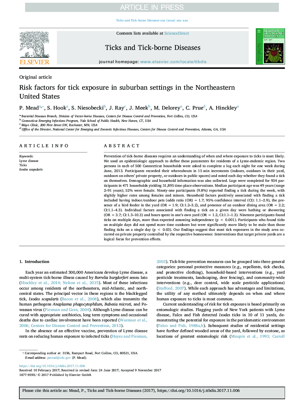 Risk factors for tick exposure in suburban settings in the Northeastern United States