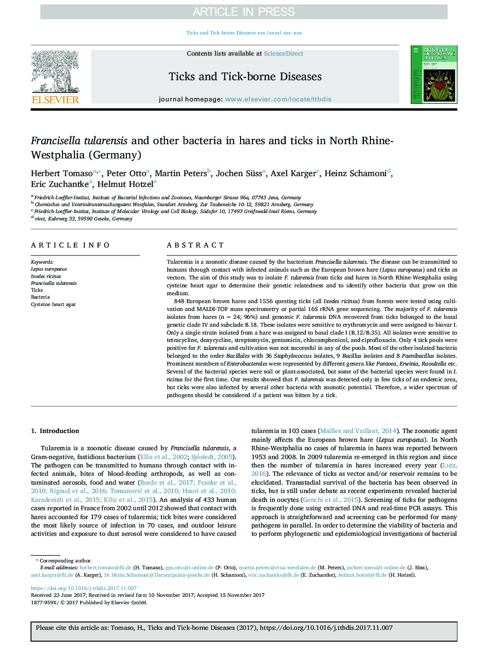 Francisella tularensis and other bacteria in hares and ticks in North Rhine-Westphalia (Germany)