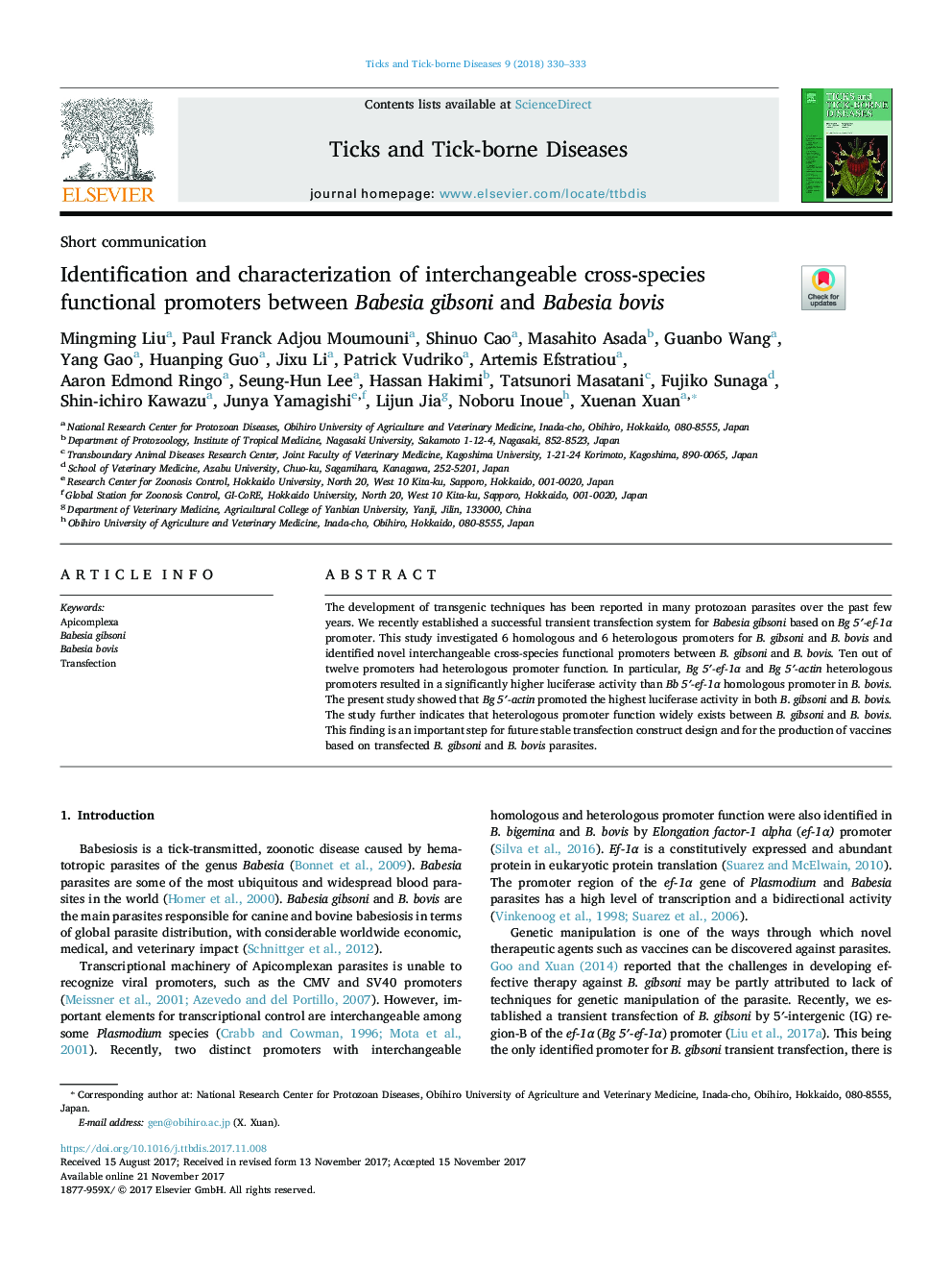 Identification and characterization of interchangeable cross-species functional promoters between Babesia gibsoni and Babesia bovis