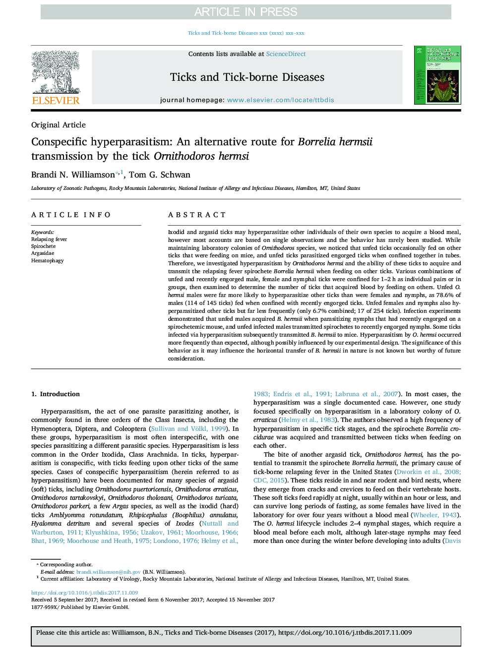 Conspecific hyperparasitism: An alternative route for Borrelia hermsii transmission by the tick Ornithodoros hermsi