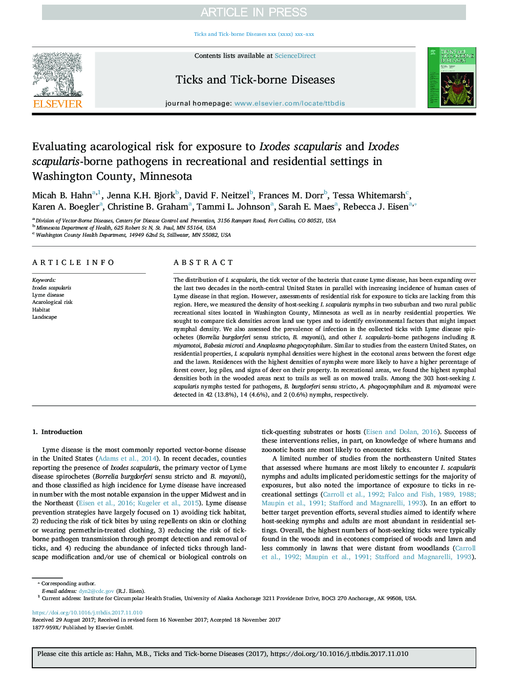 Evaluating acarological risk for exposure to Ixodes scapularis and Ixodes scapularis-borne pathogens in recreational and residential settings in Washington County, Minnesota