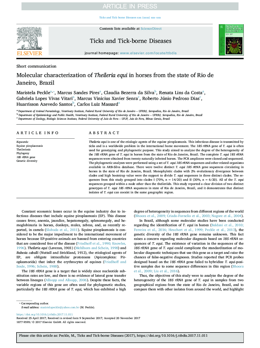 Molecular characterization of Theileria equi in horses from the state of Rio de Janeiro, Brazil