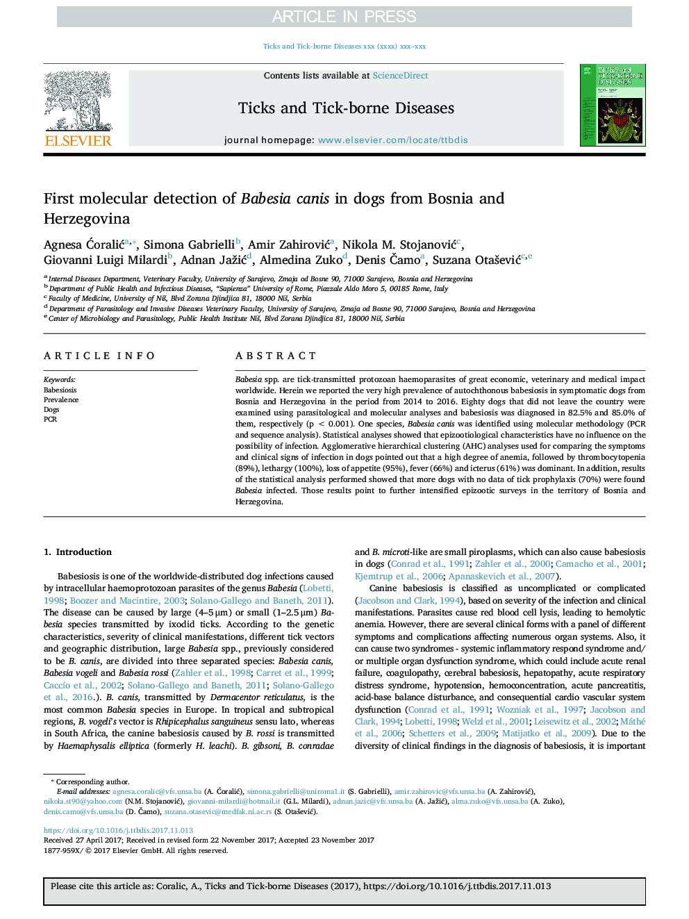 First molecular detection of Babesia canis in dogs from Bosnia and Herzegovina