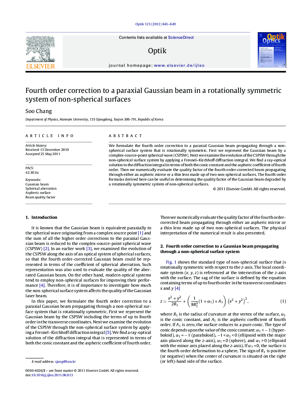 Fourth order correction to a paraxial Gaussian beam in a rotationally symmetric system of non-spherical surfaces