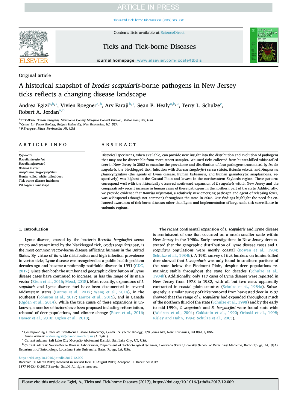 A historical snapshot of Ixodes scapularis-borne pathogens in New Jersey ticks reflects a changing disease landscape