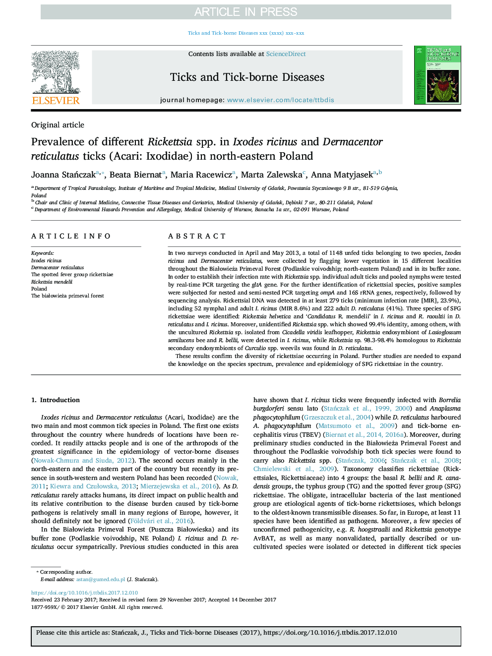 Prevalence of different Rickettsia spp. in Ixodes ricinus and Dermacentor reticulatus ticks (Acari: Ixodidae) in north-eastern Poland