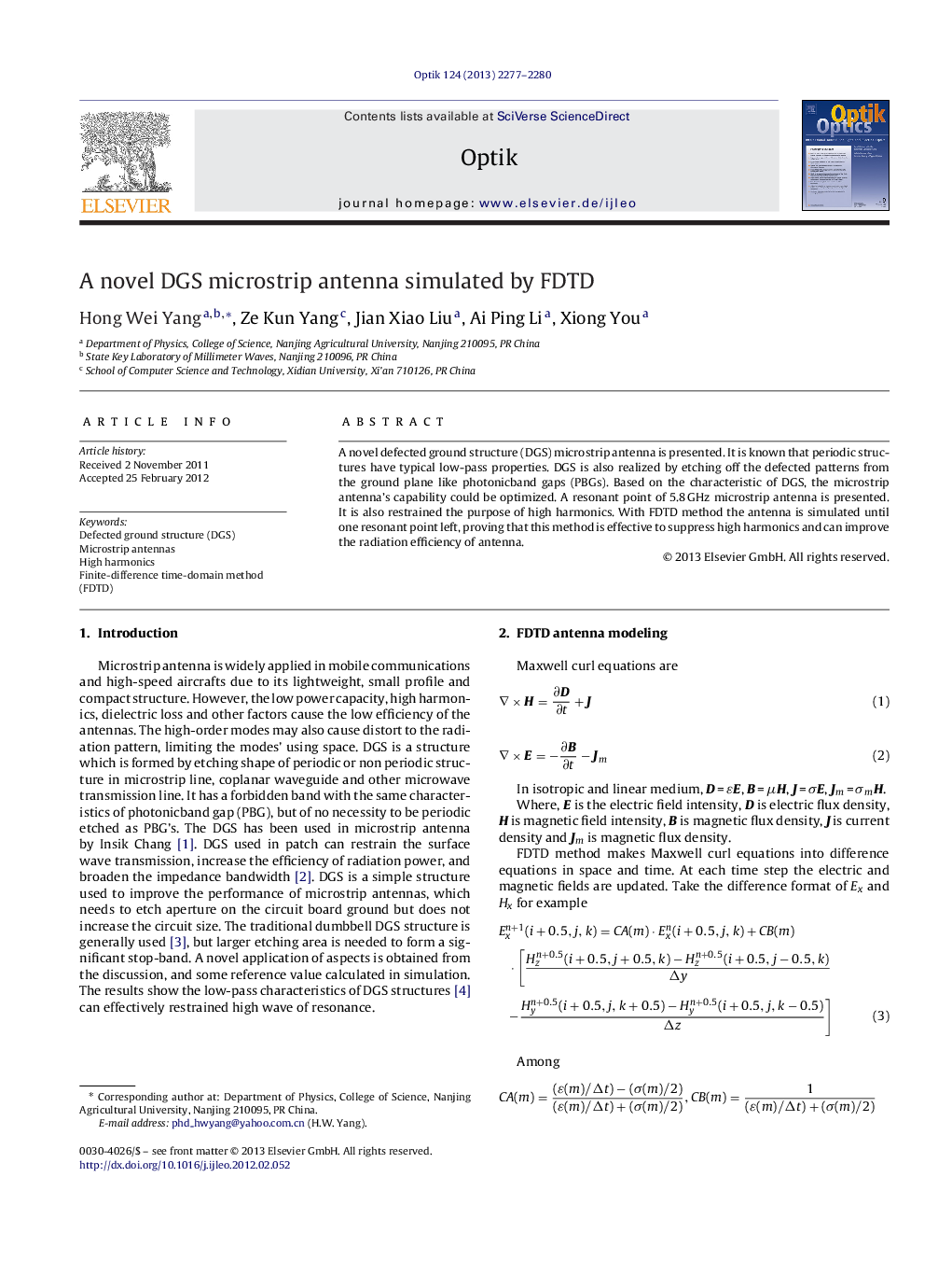 A novel DGS microstrip antenna simulated by FDTD