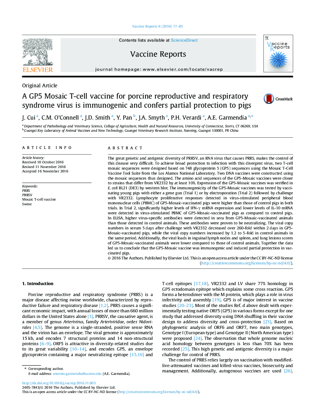 A GP5 Mosaic T-cell vaccine for porcine reproductive and respiratory syndrome virus is immunogenic and confers partial protection to pigs