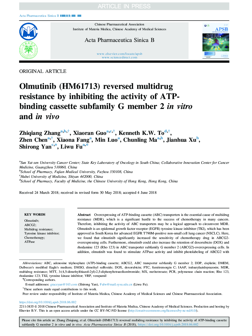 Olmutinib (HM61713) reversed multidrug resistance by inhibiting the activity of ATP-binding cassette subfamily G member 2 in vitro and in vivo